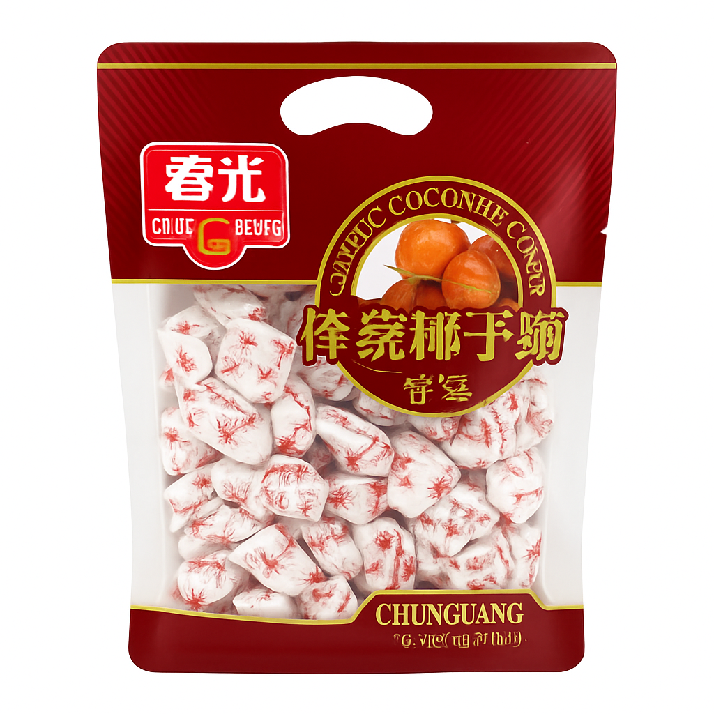 Mei Wei: Bala de Coco Especial（春光特浓椰子糖）- Chunguang 228g - Embalagem em Fundo Branco
