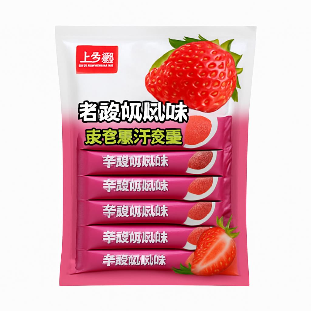Mei Wei: Bala Macia de Iogurte com Recheio Sabor Morango（上珍果老酸奶夹心软糖）- Shangzhen 96g - Embalagem em Fundo Branco