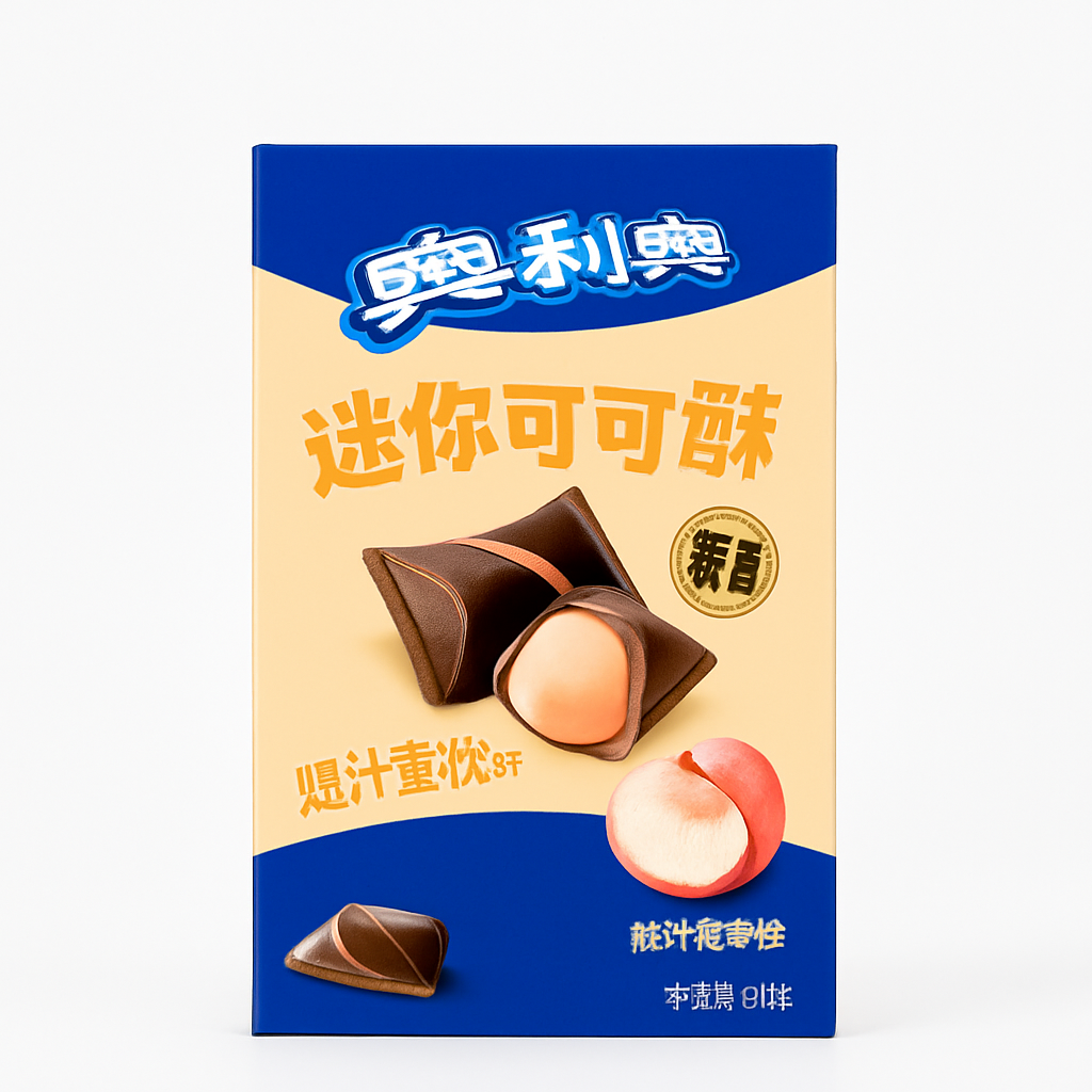Mei Wei: Biscoito Oreo Mini Wafer Sabor Pêssego（奥利奥迷你可可酥爆汁蜜桃味）- Oreo 40g - Embalagem em Fundo Branco