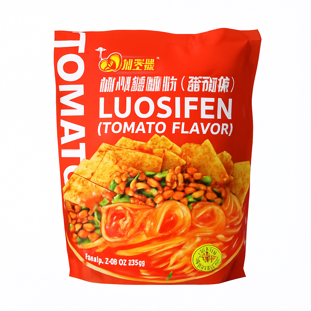 Mei Wei: Macarrão Instantâneo Luosifen Sabor Tomate（柳州螺蛳粉番茄味）- Haohuanluo 220g - Embalagem em Fundo Branco