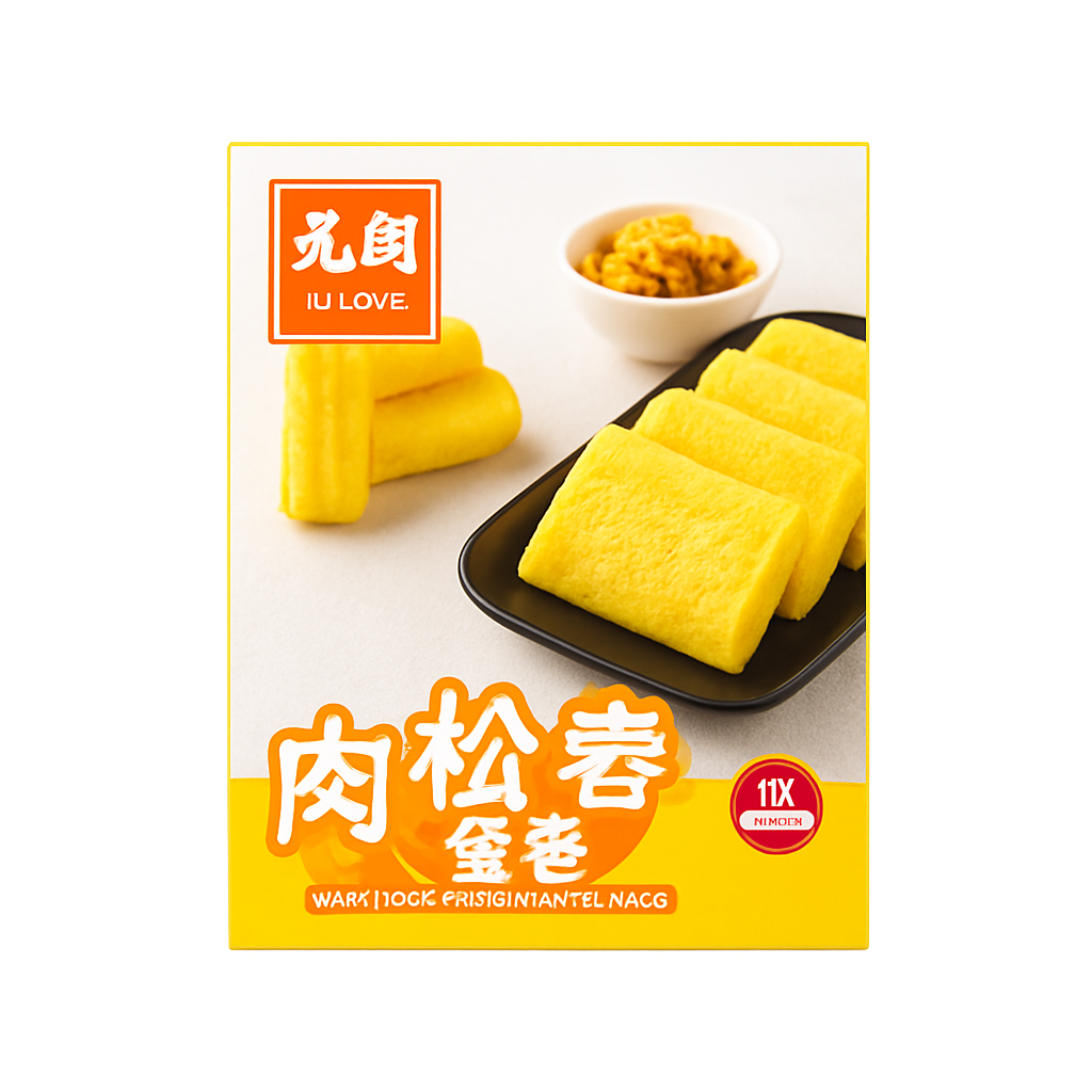 Mei Wei: Biscoito Rolo de Ovo com Carne de Porco （肉松蛋卷） - Eulong 88g - Embalagem em Fundo Branco