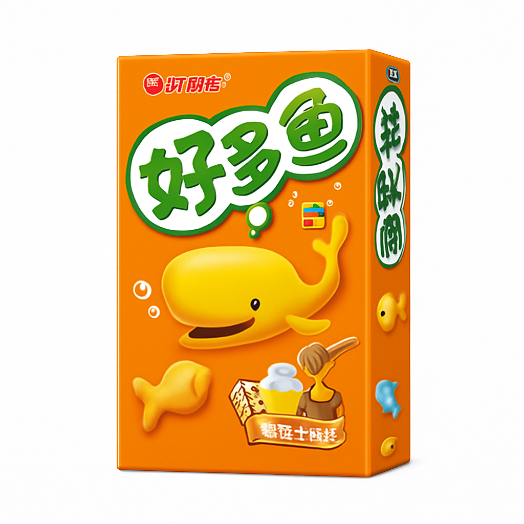 Mei Wei: Biscoito de Peixe Sabor Mel e Leite（好多鱼）- Orion 33g - Embalagem em Fundo Branco