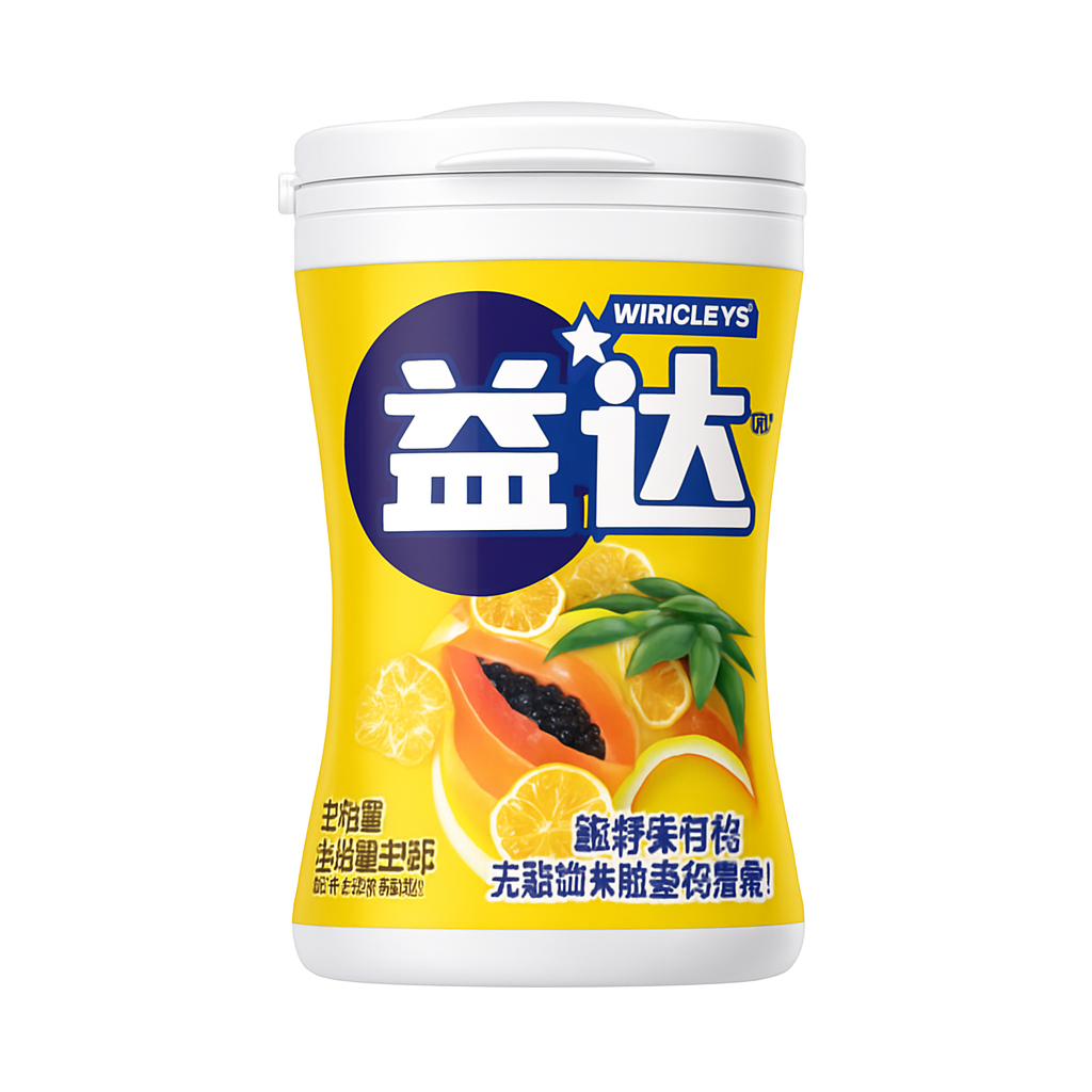 Mei Wei: Chiclete益达（益达）- Wrigley's Sabor Frutas Tropicais 65g - Embalagem em Fundo Branco