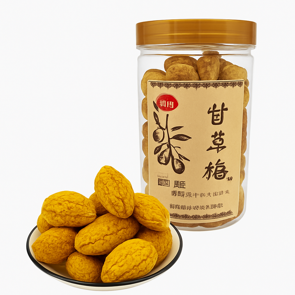 Mei Wei: Azeitona Salgada com Alcaçuz（甘草榄）- Runlongjia 450g - Embalagem em Fundo Branco