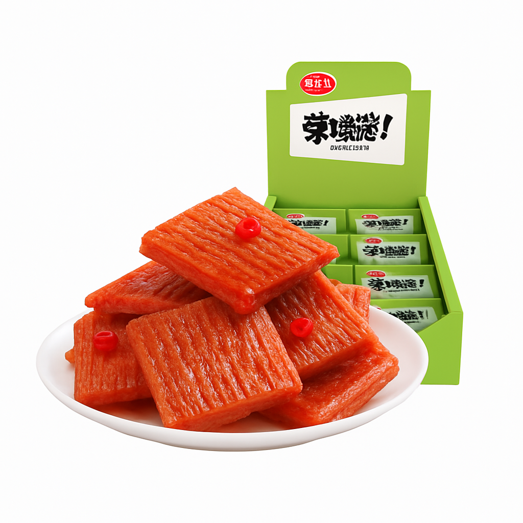 Mei Wei: Tira de Glúten Apimentada Sabor Frango（亲嘴烧麦辣鸡汁味）- Wei Long 24g - Embalagem em Fundo Branco