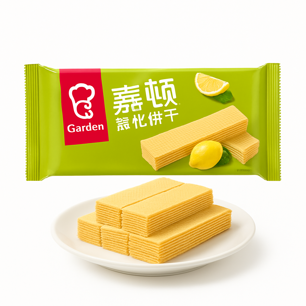 Mei Wei: Wafer de Limão（嘉顿威化饼干柠檬味）- Garden 200g - Embalagem em Fundo Branco