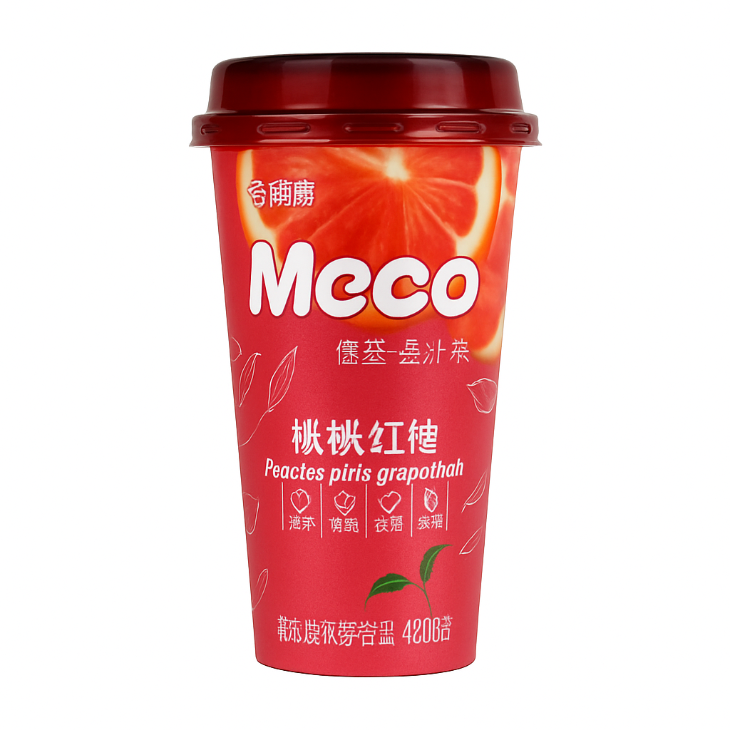Mei Wei: Chá de Frutas Meco Pêssego e Grapefruit Rosa（香飘飘蜜谷果汁茶桃桃红柚）- Meco 400ml - Embalagem em Fundo Branco