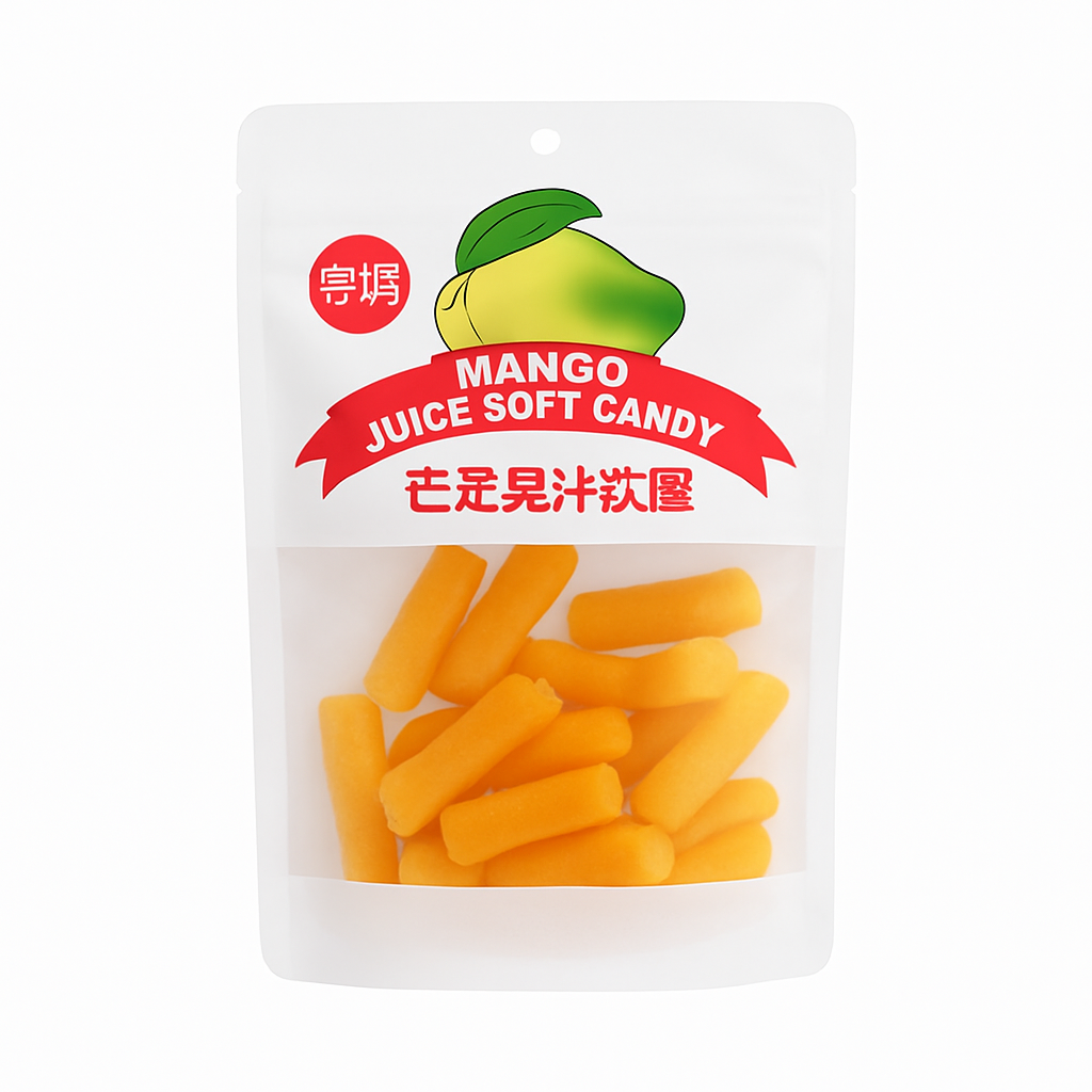 Mei Wei: Bala Macia de Manga（芒果果汁软糖）- Qifeng 138g - Embalagem em Fundo Branco