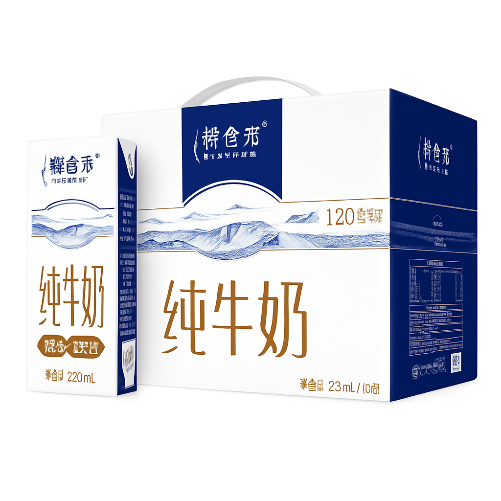 Mei Wei: Leite Integral Puro Tetra Pack（蒙牛特仑苏纯奶）- Mengniu 250ml - Embalagem em Fundo Branco
