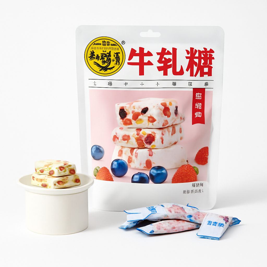 Mei Wei: Nougat de Morango（牛轧糖）- Xu Fu Ji 210g - Embalagem em Fundo Branco