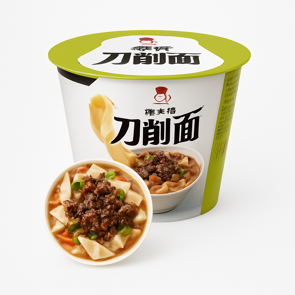 Mei Wei: Macarrão Dao Xiao Mian Carne e Conserva de Vegetais（顾大嫂刀削面雪菜牛肉）- Gu Da Sao 123g - Embalagem em Fundo Branco