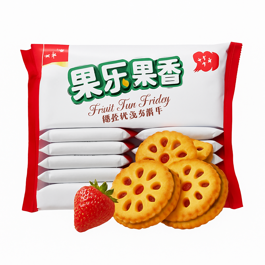Mei Wei: Biscoito Recheado de Morango（果酱夹心饼）- Jiashili 441g - Embalagem em Fundo Branco