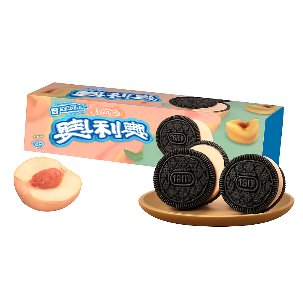 Mei Wei: Biscoito Oreo Sabor Pêssego Oolong（奥利奥夹心白桃乌龙味）- Oreo 97g - Embalagem em Fundo Branco