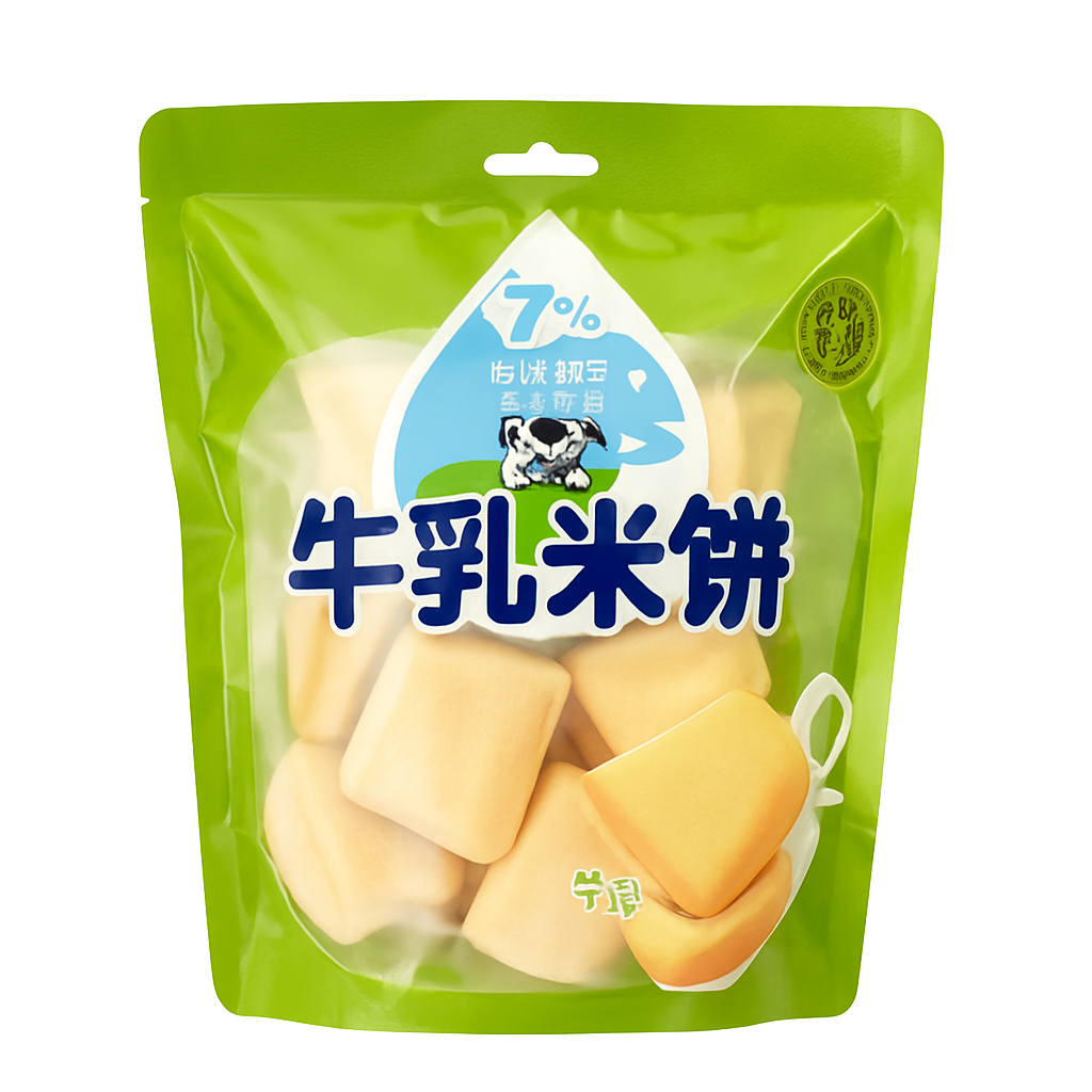 Mei Wei: Biscoito de Arroz com Leite Sabor Banana（牛乳米饼）- Belike 100g - Embalagem em Fundo Branco