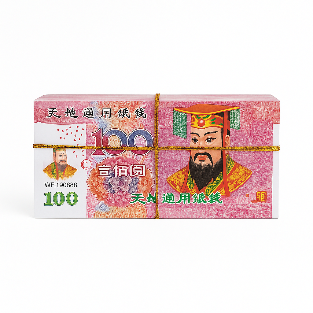 Mei Wei: Dinheiro Cerimonial Chinês（天地通用纸币）- 100 Yuan - Embalagem em Fundo Branco