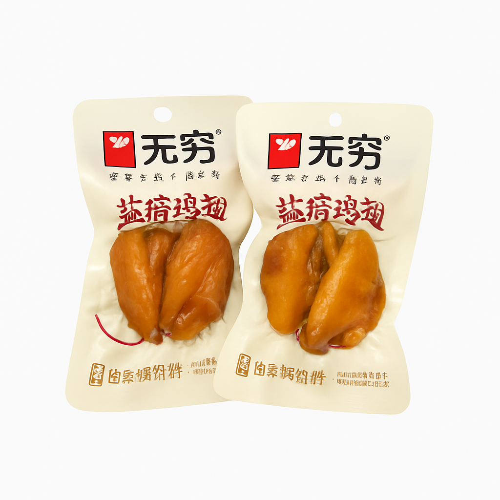 Mei Wei: Asa de Frango Salgada（盐焗鸡翅）- Wufang 65g - Embalagem em Fundo Branco