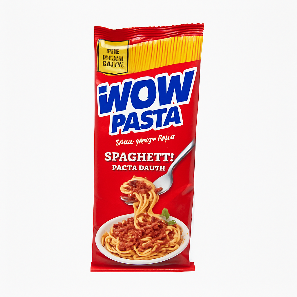 Mei Wei: WOW Pasta Macarrão Instantâneo Espaguete Molho Tomate e Salsicha（ワウパスタ）- WOW 86g - Embalagem em Fundo Branco
