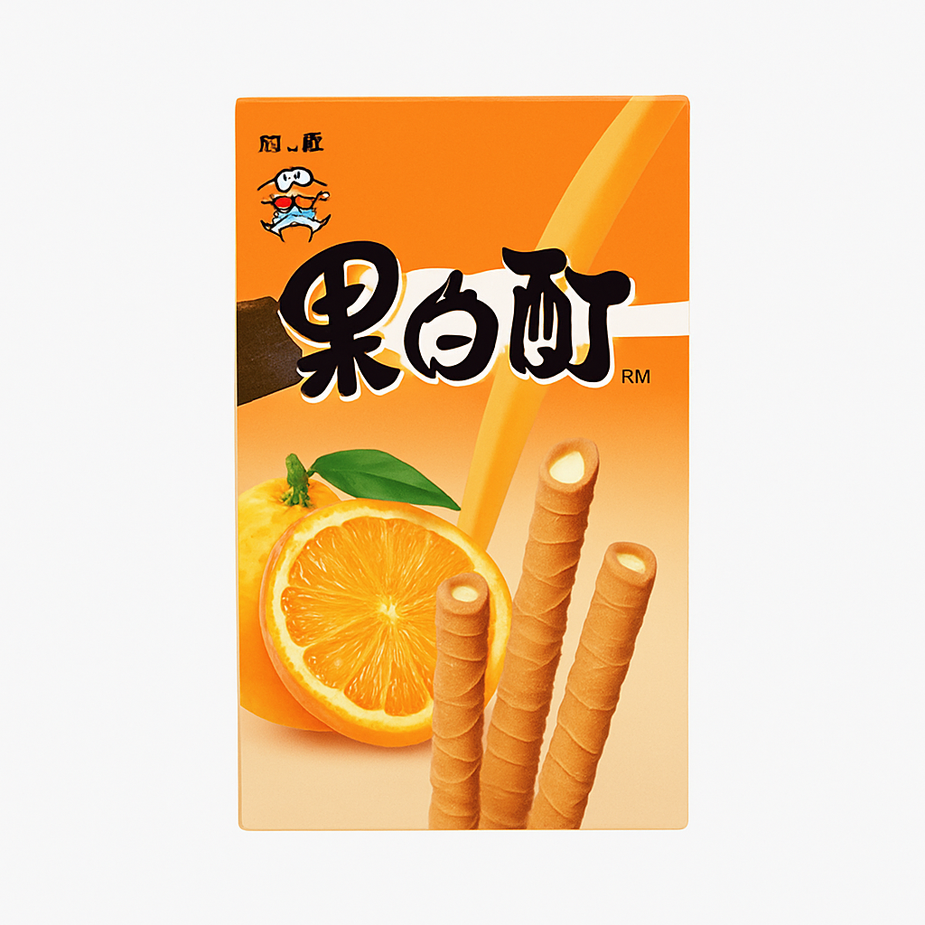 Mei Wei: Biscoito Tubo Wafer Sabor Laranja（黑白配）- Want Want 60g - Embalagem em Fundo Branco