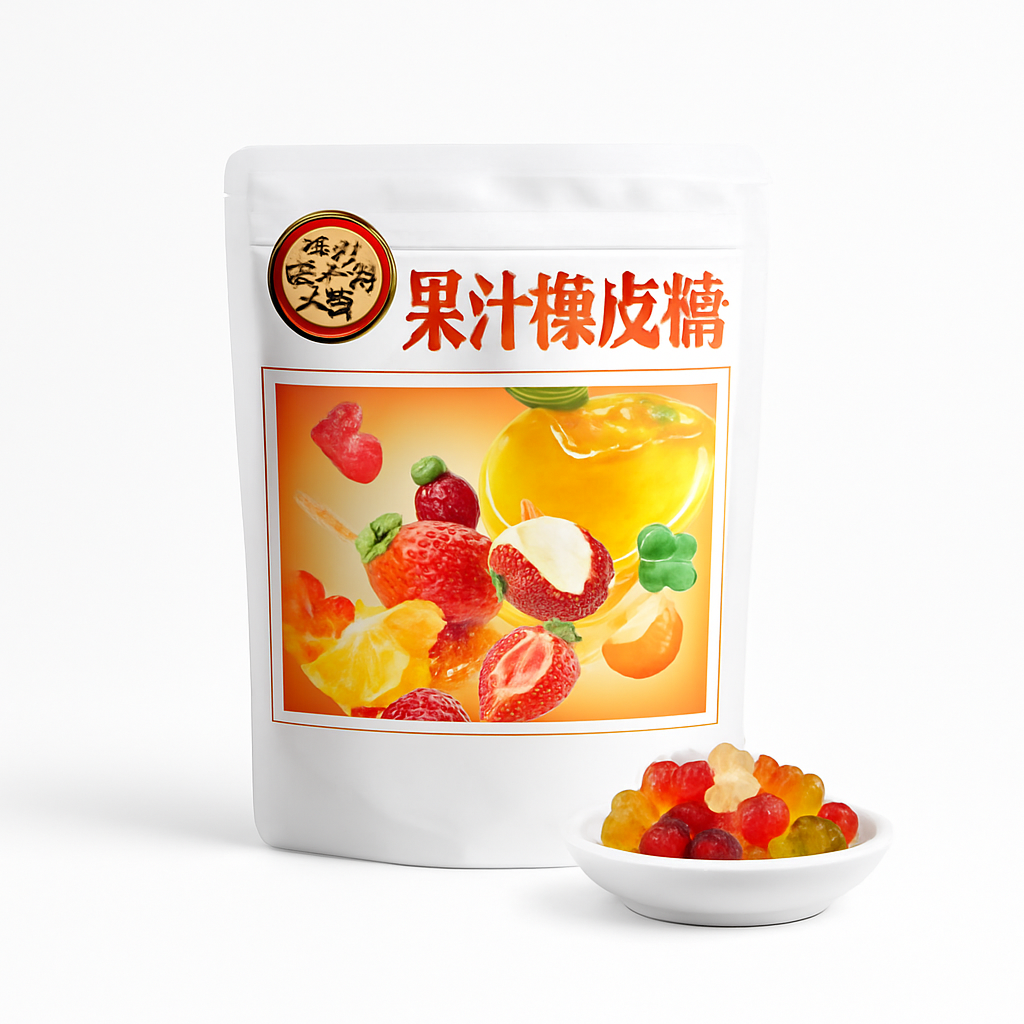 Mei Wei: Bala de Goma Sabores Frutados（果汁橡皮糖）- Xu Fu Ji 230g - Embalagem em Fundo Branco