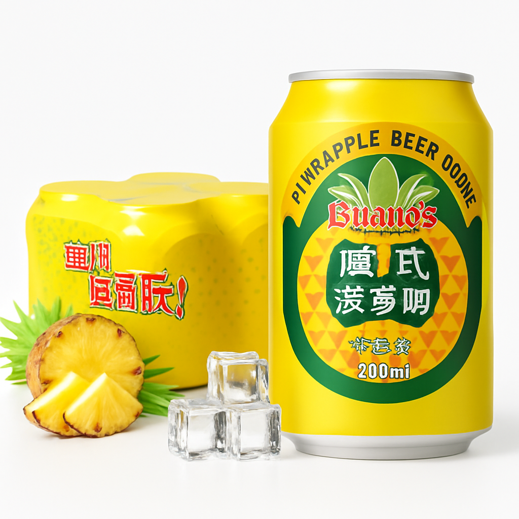 Mei Wei: Refrigerante de Abacaxi（广氏菠萝啤）- Guangs 330ml - Embalagem em Fundo Branco