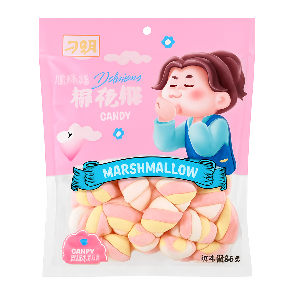 Mei Wei: Marshmallow Trança Deliciosa（刁明麻花辫棉花糖）- 96g - Embalagem em Fundo Branco