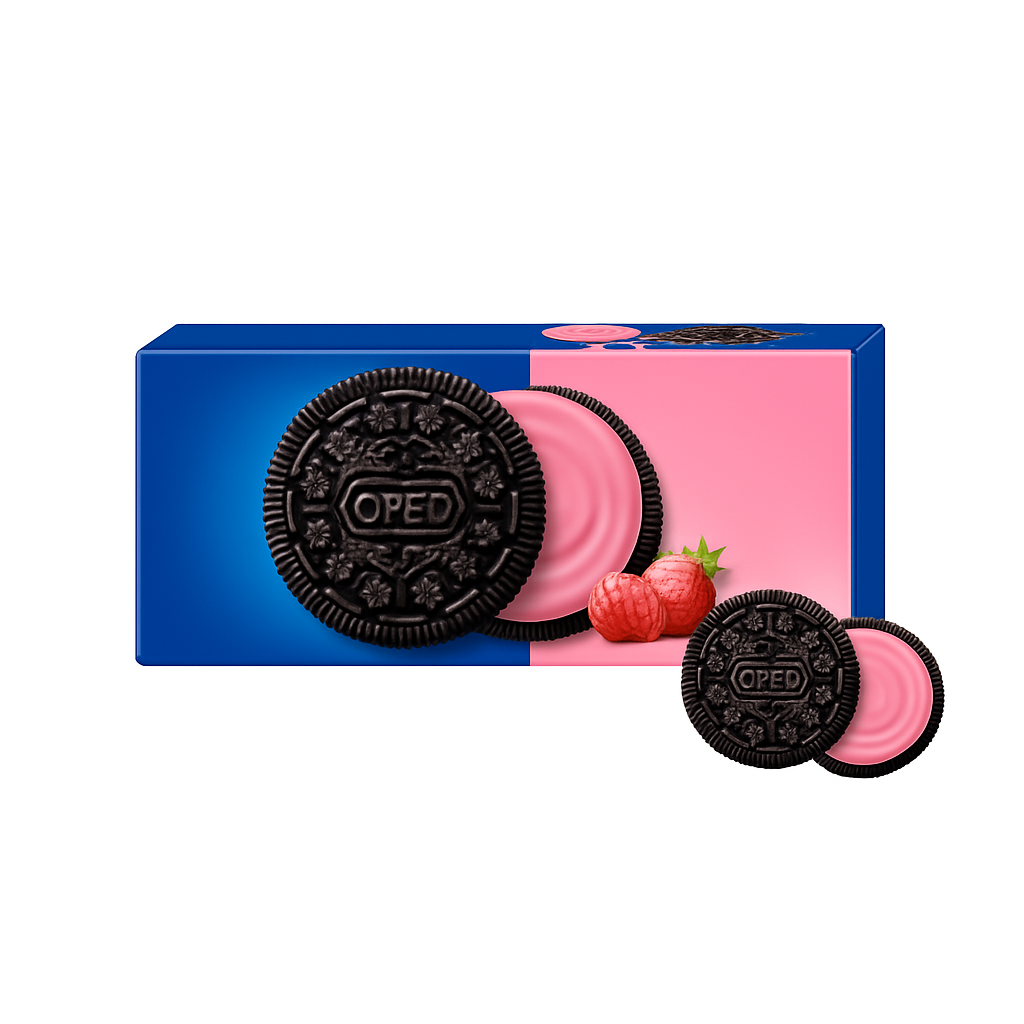 Mei Wei: Biscoito Wafer Oreo Duplo Sabor Morango （奥利奥双心脆威化草莓味）- Oreo 6 unidades - Embalagem em Fundo Branco