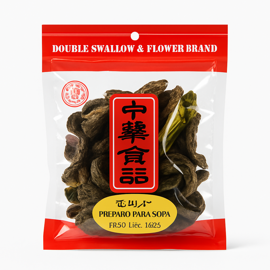 Mei Wei: Cogumelo Shiitake Desidratado（生地片）- Double Swallow & Flower Brand 100g - Embalagem em Fundo Branco