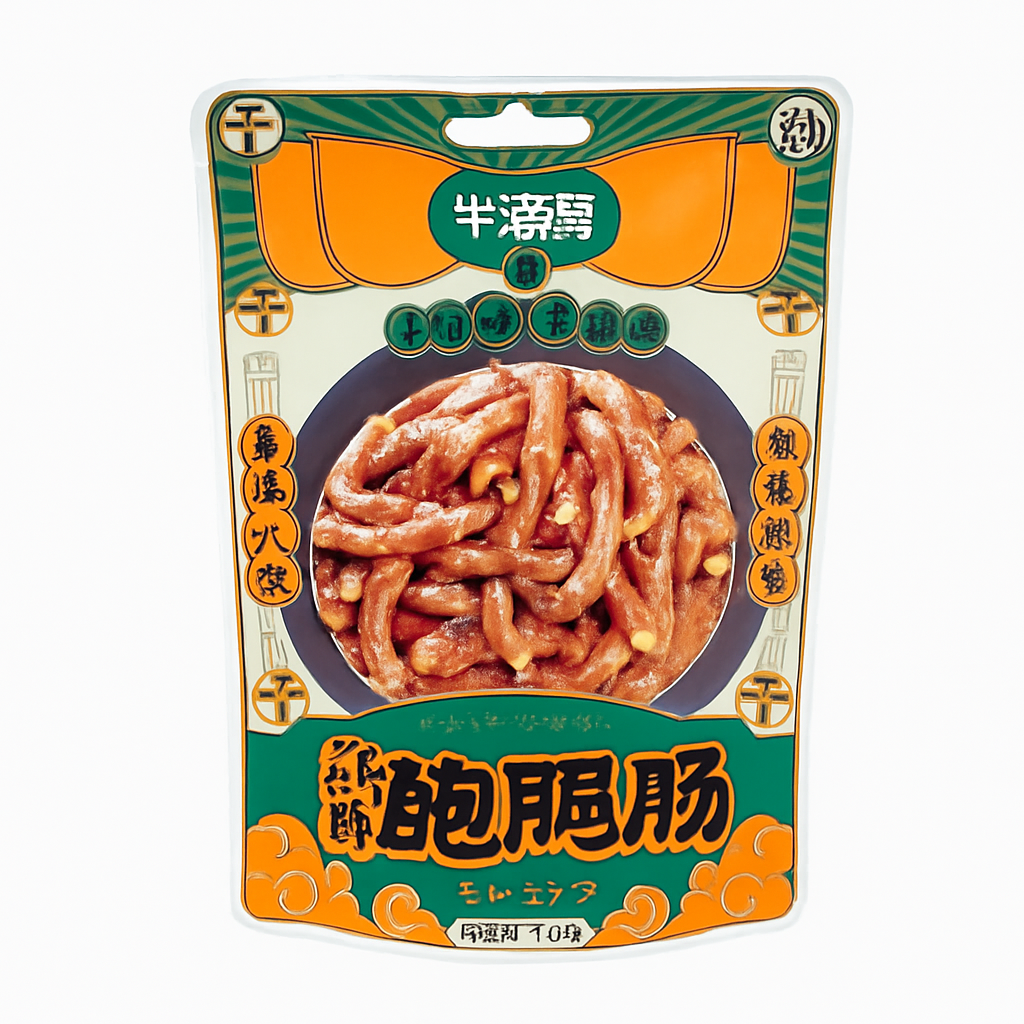 Mei Wei: Snack Petisco de Intestino de Pato Picante Niuhai Ge  50g - 辣辣鸭肠 - Embalagem em Fundo Branco