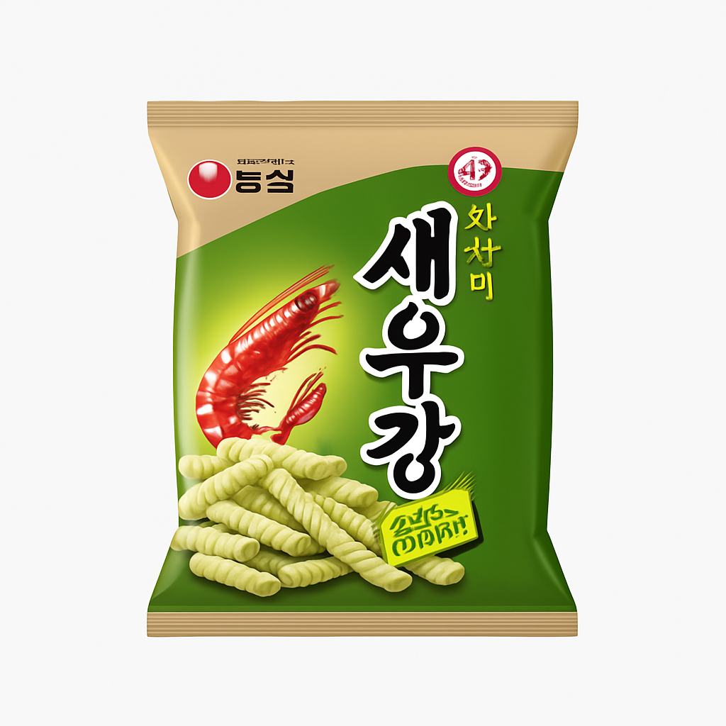 Mei Wei: Salgadinho de Camarão Sabor Wasabi（새우깡 와사비）- Nongshim 55g - Embalagem em Fundo Branco