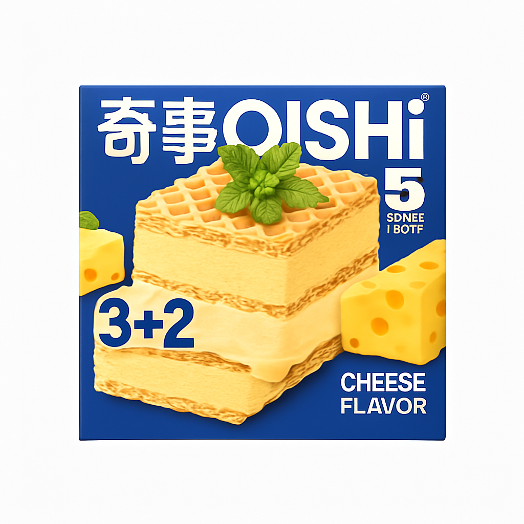 Mei Wei: Biscoito Wafer Sabor Queijo（奇事威化饼干）- Qishi 58g - Embalagem em Fundo Branco