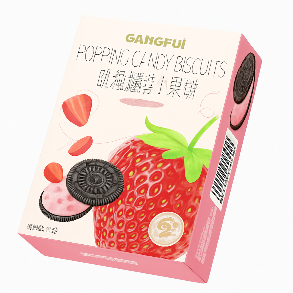 Mei Wei: Biscoito com Açúcar Popping Sabor Morango（港福跳跳糖小黑饼）- Gangfuk 62g - Embalagem em Fundo Branco