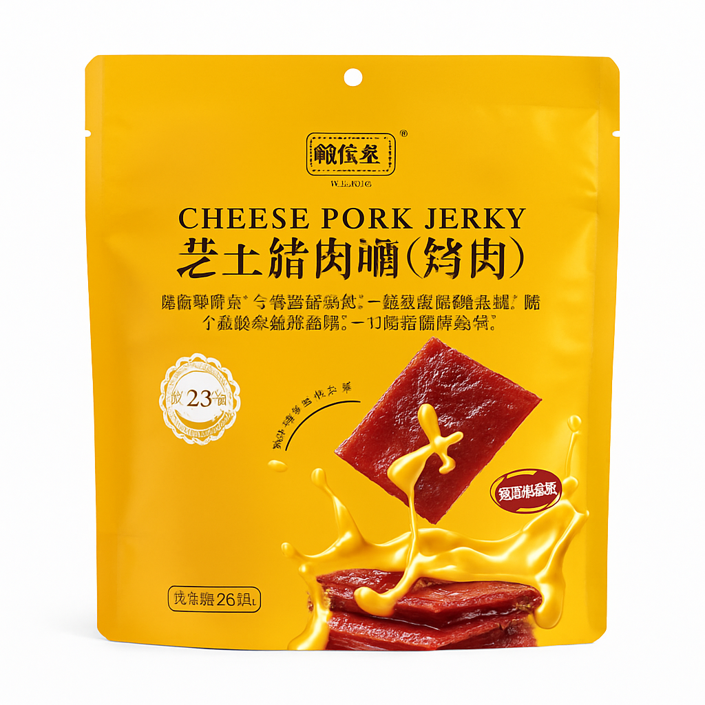 Mei Wei: Jerky de Porco com Queijo（芝士猪肉脯）- Pulemei 250g - Embalagem em Fundo Branco