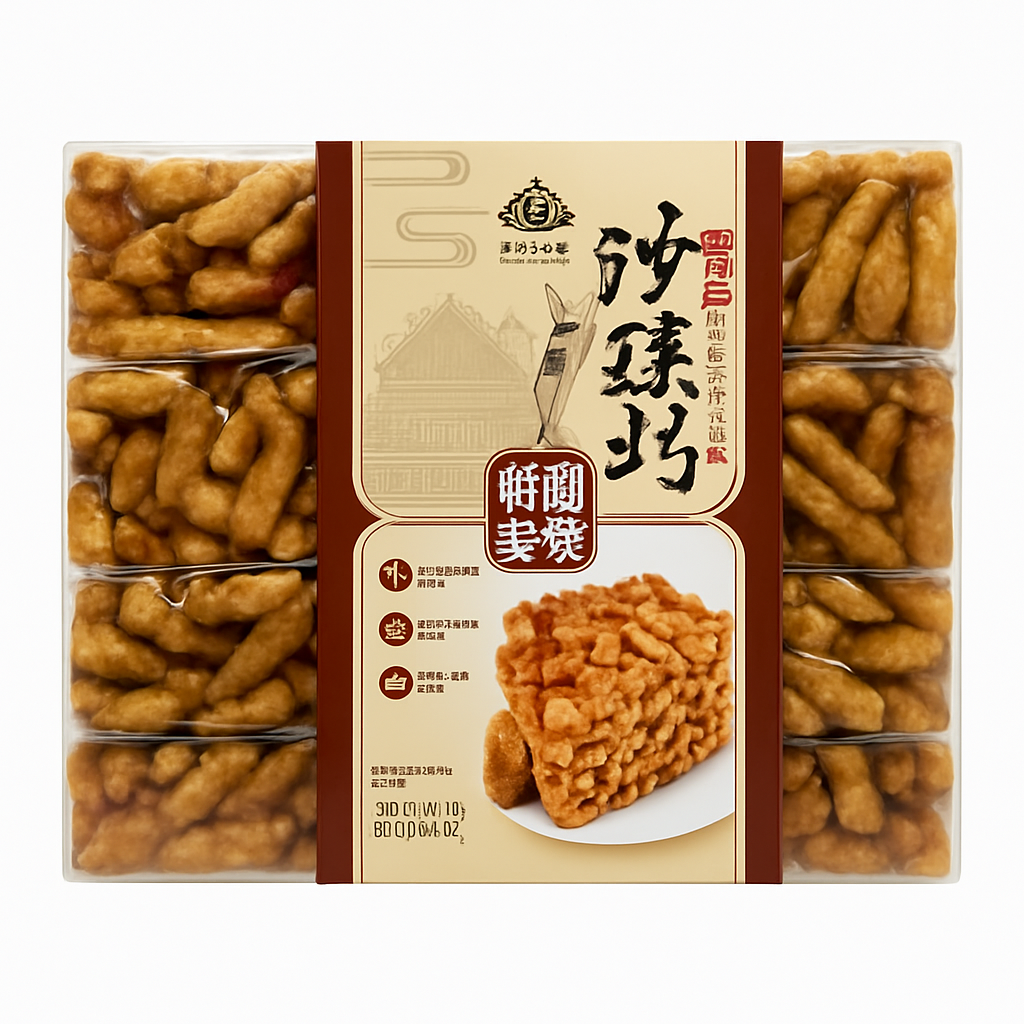 Mei Wei: Sachima de Açúcar Mascavo（葡发沙琪玛）- Pu Fa 328g - Embalagem em Fundo Branco