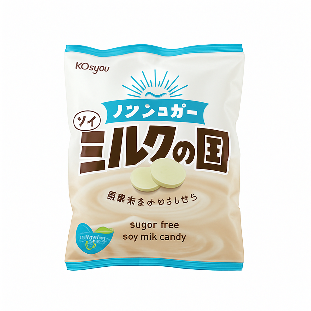 Mei Wei: Bala de Leite de Soja sem Açúcar（ソイミルクのど飴）- Kasugai 71g - Embalagem em Fundo Branco