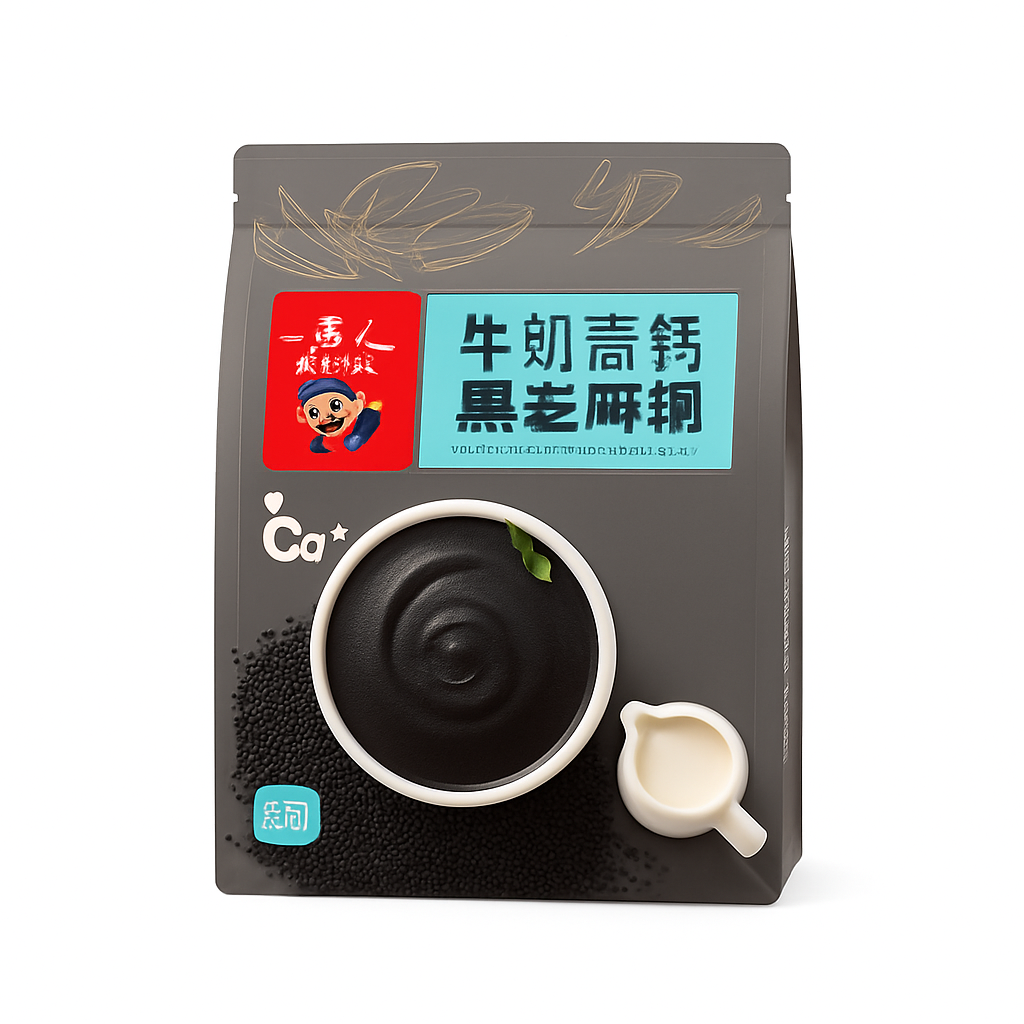 Mei Wei: Mingau de Gergelim Preto com Cálcio（牛奶高钙黑芝麻糊）- Yi Jia Ren 520g - Embalagem em Fundo Branco