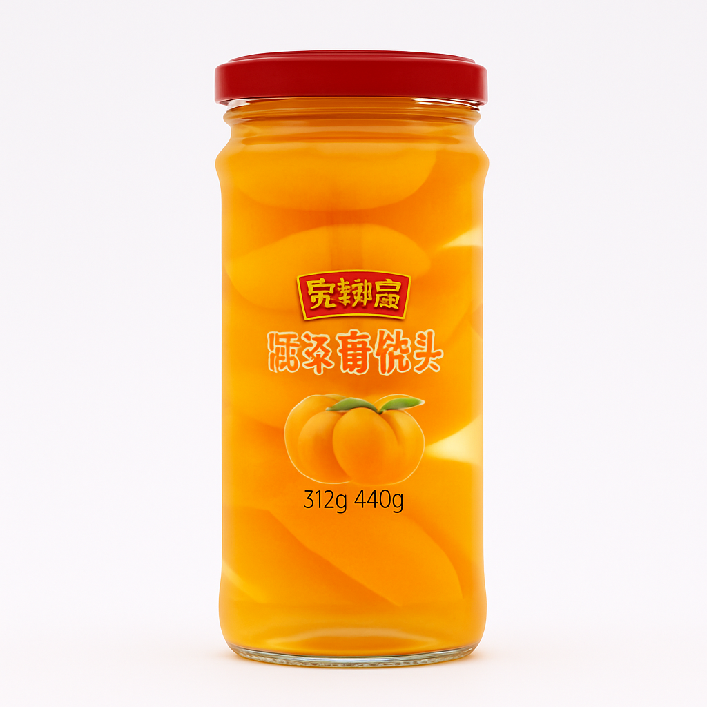 Mei Wei: Pêssego em Calda（古城岩糖水黄桃罐头）- Gu Cheng 450g - Embalagem em Fundo Branco
