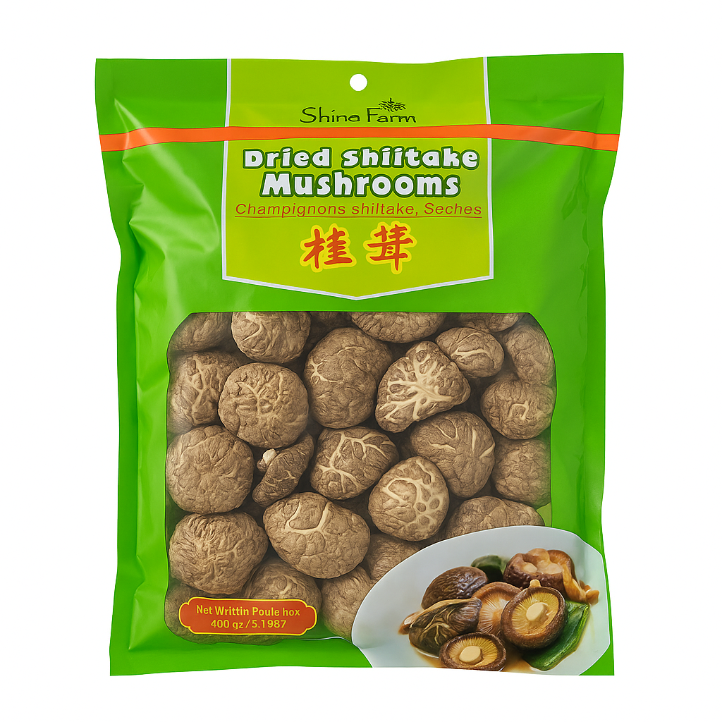 Mei Wei: Cogumelo Shiitake Desidratado（椎茸）- Shine Farm 400g - Embalagem em Fundo Branco