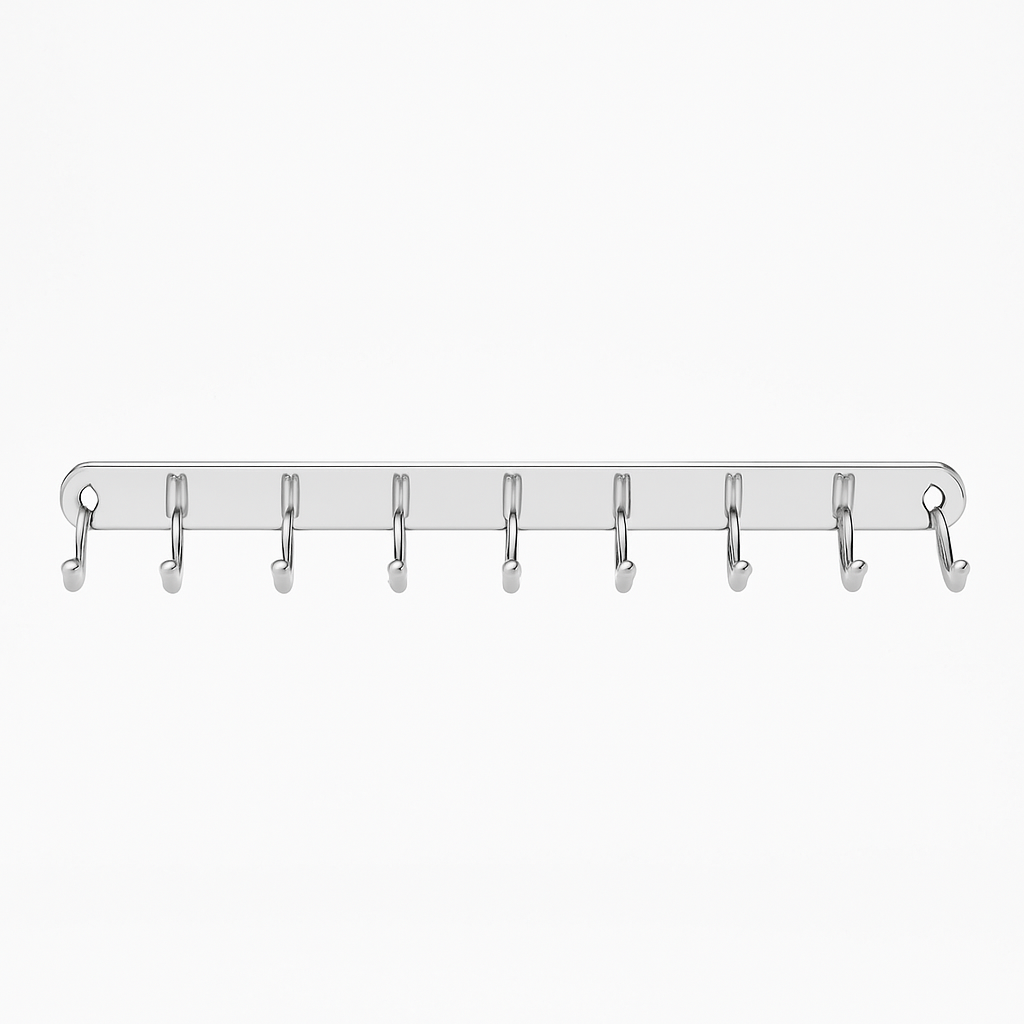 Mei Wei: Gancho de Parede 8 Posições（八联不锈钢衣挂钩）- Aço Inox - Embalagem em Fundo Branco