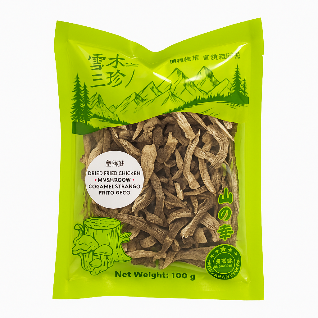 Mei Wei: Cogumelo Frango Frito Seco（鹿茸菇）- 雪山三珍 100g - Embalagem em Fundo Branco