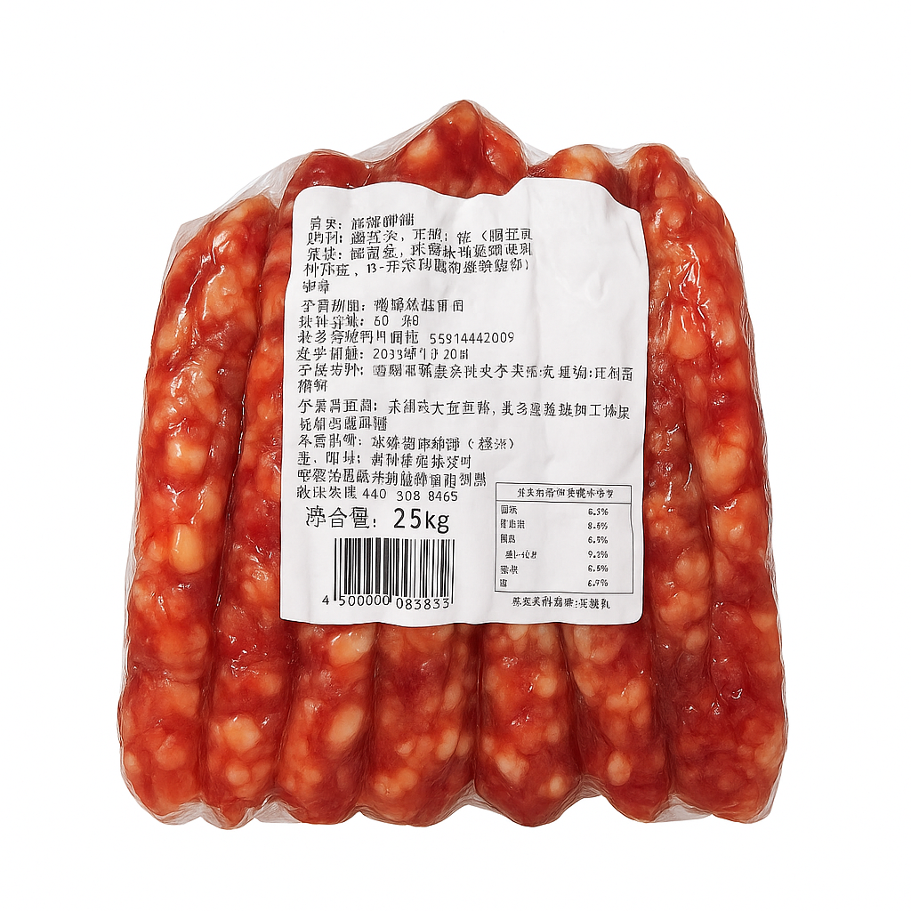 Mei Wei: Linguiça Chinesa Defumada（加瘦腊肠）- Xinchang 2,5kg - Embalagem em Fundo Branco