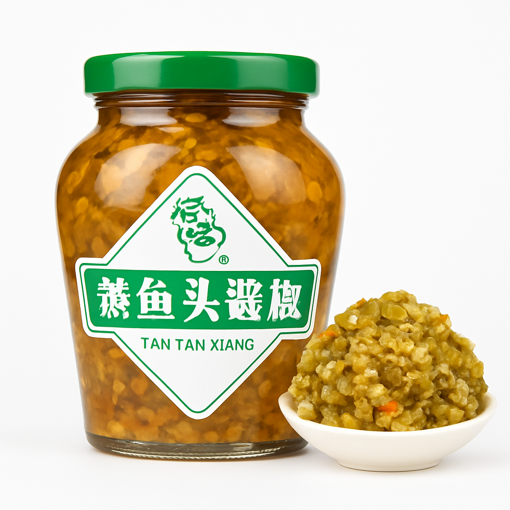 Mei Wei: Molho de Pimenta com Cabeça de Peixe Cozida no Vapor（蒸鱼头酱椒）- Tan Tan Xiang 280g - Embalagem em Fundo Branco