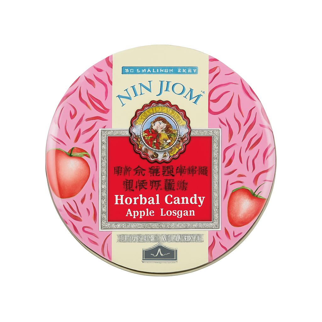 Mei Wei: Bala Herbal de Maçã e Longan（京都念慈庵苹果桂圆糖）- Nin Jiom 60g - Embalagem em Fundo Branco