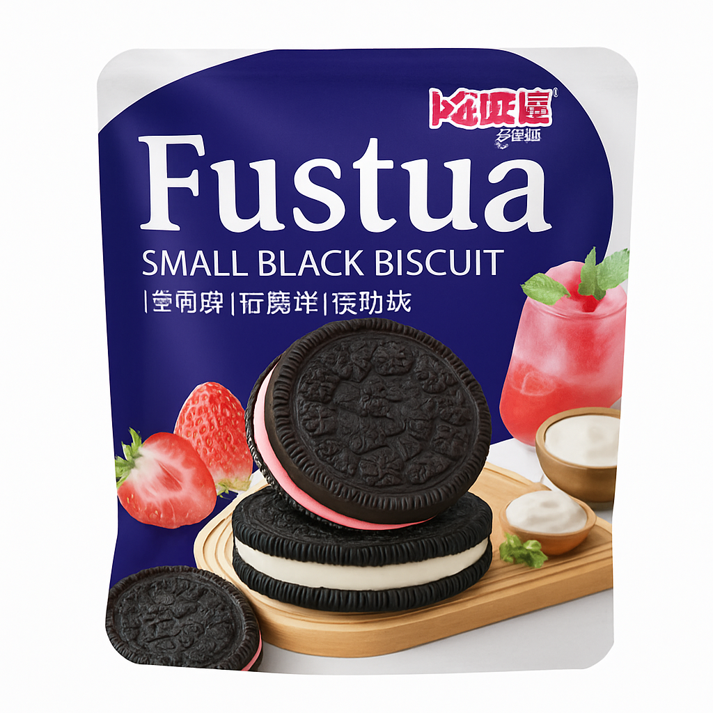 Mei Wei: Biscoito Recheado Fustua（旺通什锦味来心小黑饼干）- WT 80g - Embalagem em Fundo Branco