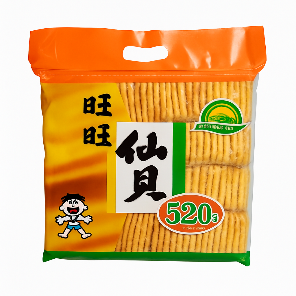 Mei Wei: Biscoito de Arroz Senbei（旺旺仙贝）- Want Want 520g - Embalagem em Fundo Branco