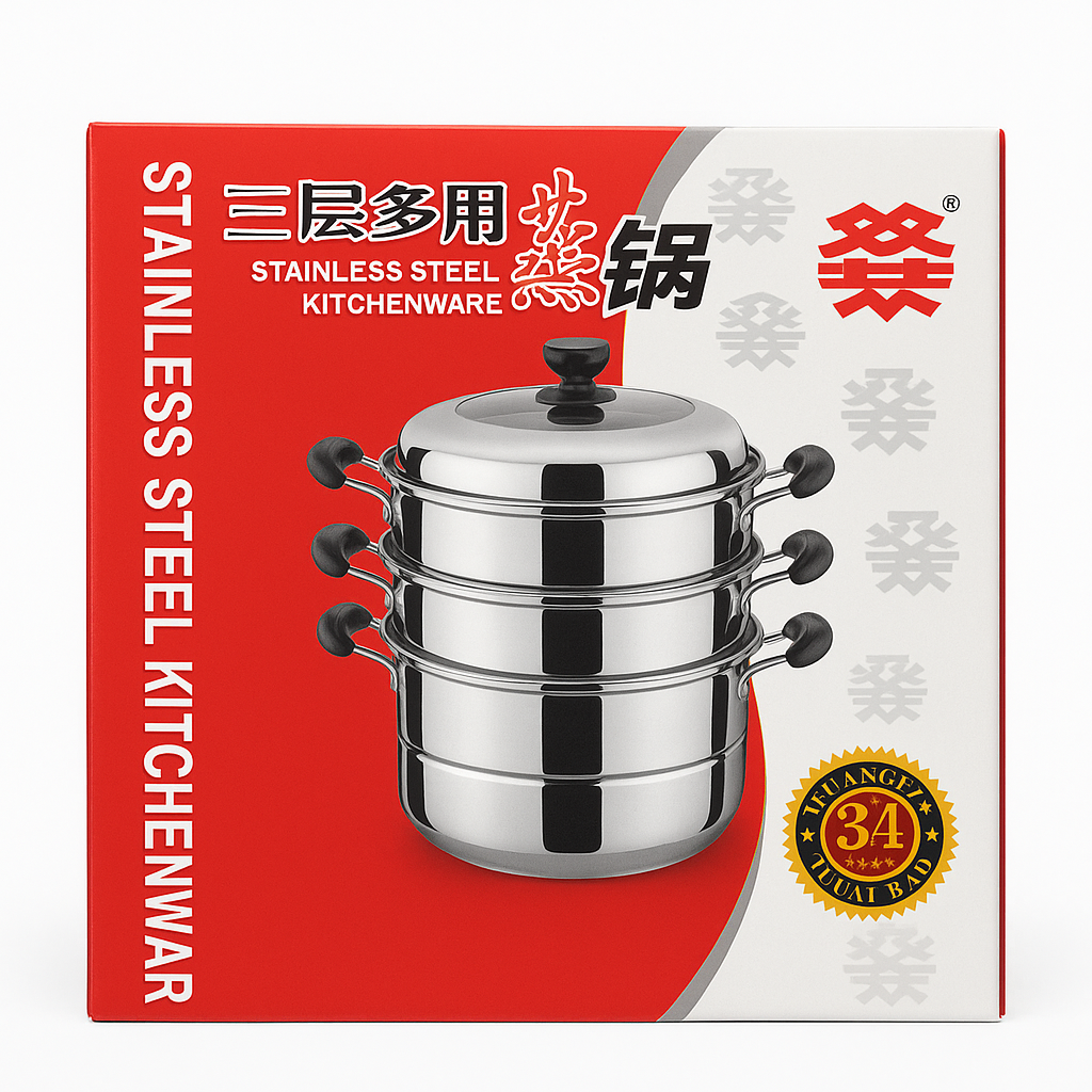 Mei Wei: Panela de Vapor em Aço Inoxidável 3 Camadas（三层多用蒸锅）- Shuangying 34cm - Embalagem em Fundo Branco
