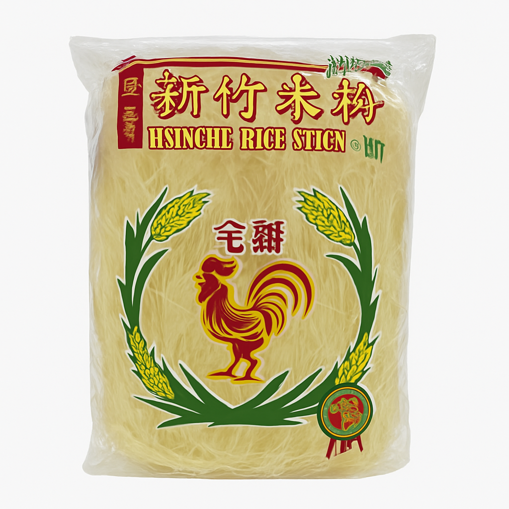 Mei Wei: Macarrão de Arroz Hsinchu（新竹米粉）- Golden Rooster 396g - Embalagem em Fundo Branco