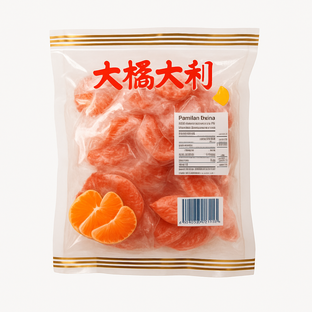 Mei Wei: Doce de Tangerina Grande Fortuna（鸿茂大桔大利）- Hongmao 500g - Embalagem em Fundo Branco