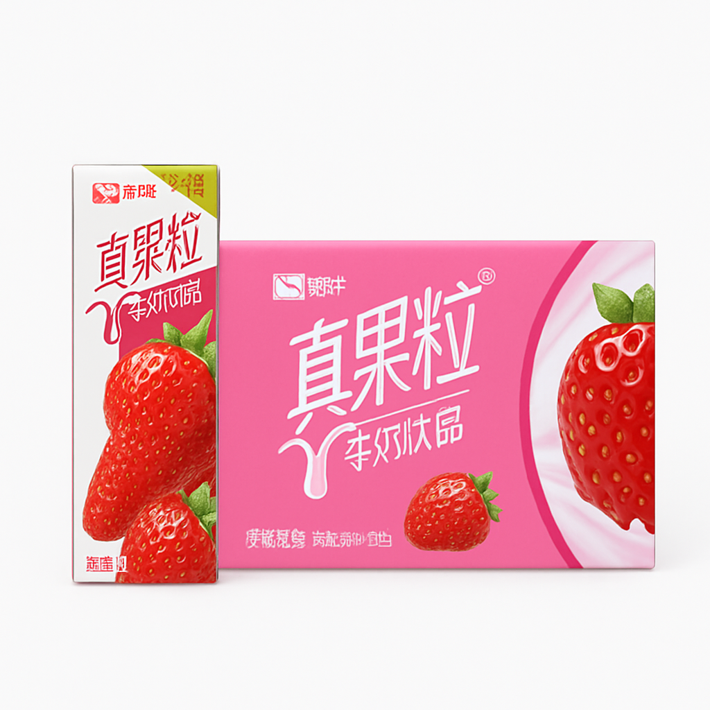 Mei Wei: Leite com Polpa de Morango（蒙牛真果粒）- Mengniu 250ml - Embalagem em Fundo Branco