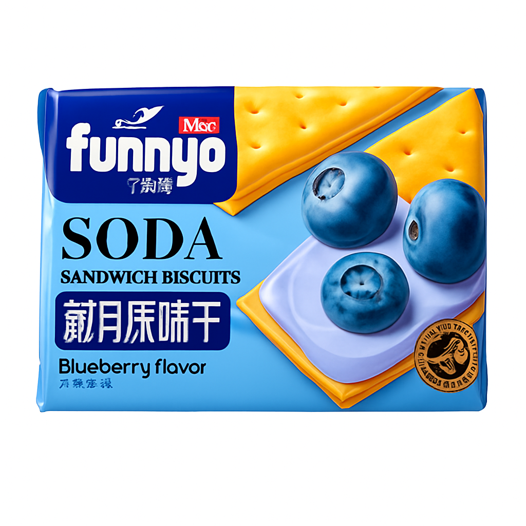 Mei Wei: Biscoito Soda de Mirtilo（苏打夹心饼干蓝莓味）- Mixx 308g - Embalagem em Fundo Branco