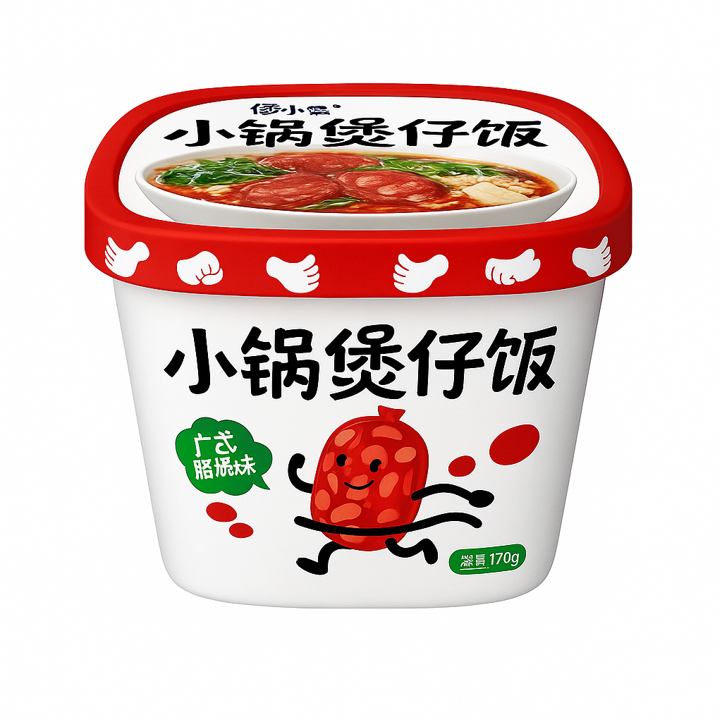Mei Wei: Arroz de Panela Sabor Linguiça Cantonesa（小锅煲仔饭）- Fan Xiao Chan 170g - Embalagem em Fundo Branco